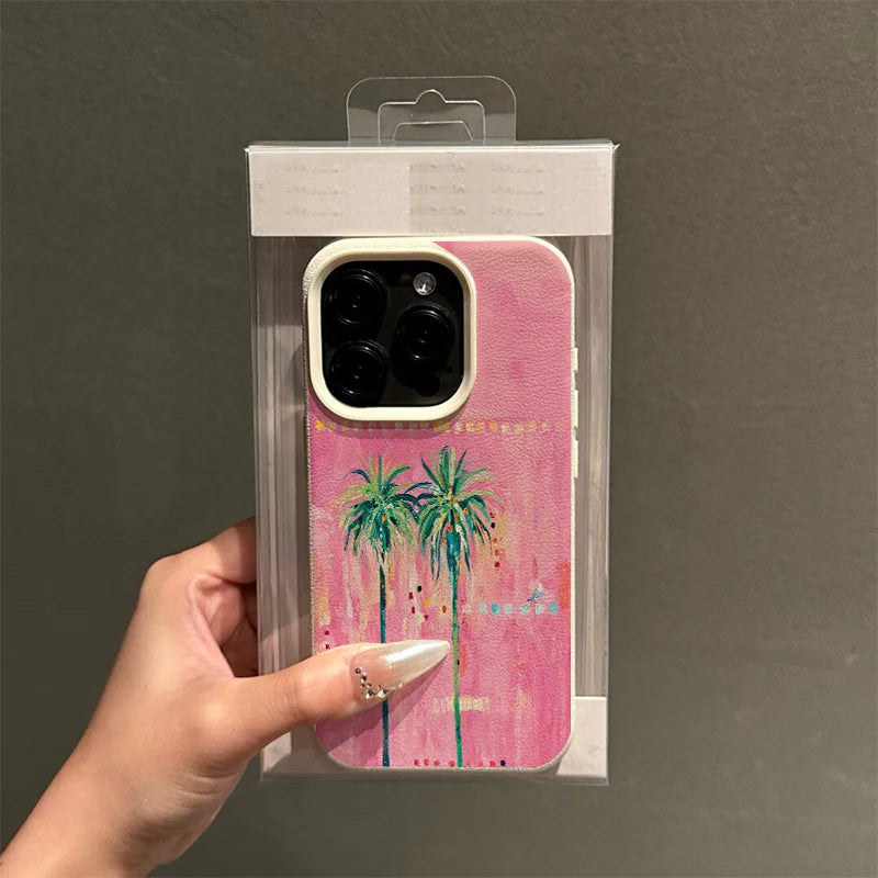 Oil Painting Style Summer Palm Tree Design TPU Phone Case For iPhone 16 15 14 13 12Pro Max Fashion Anti-Drop Case