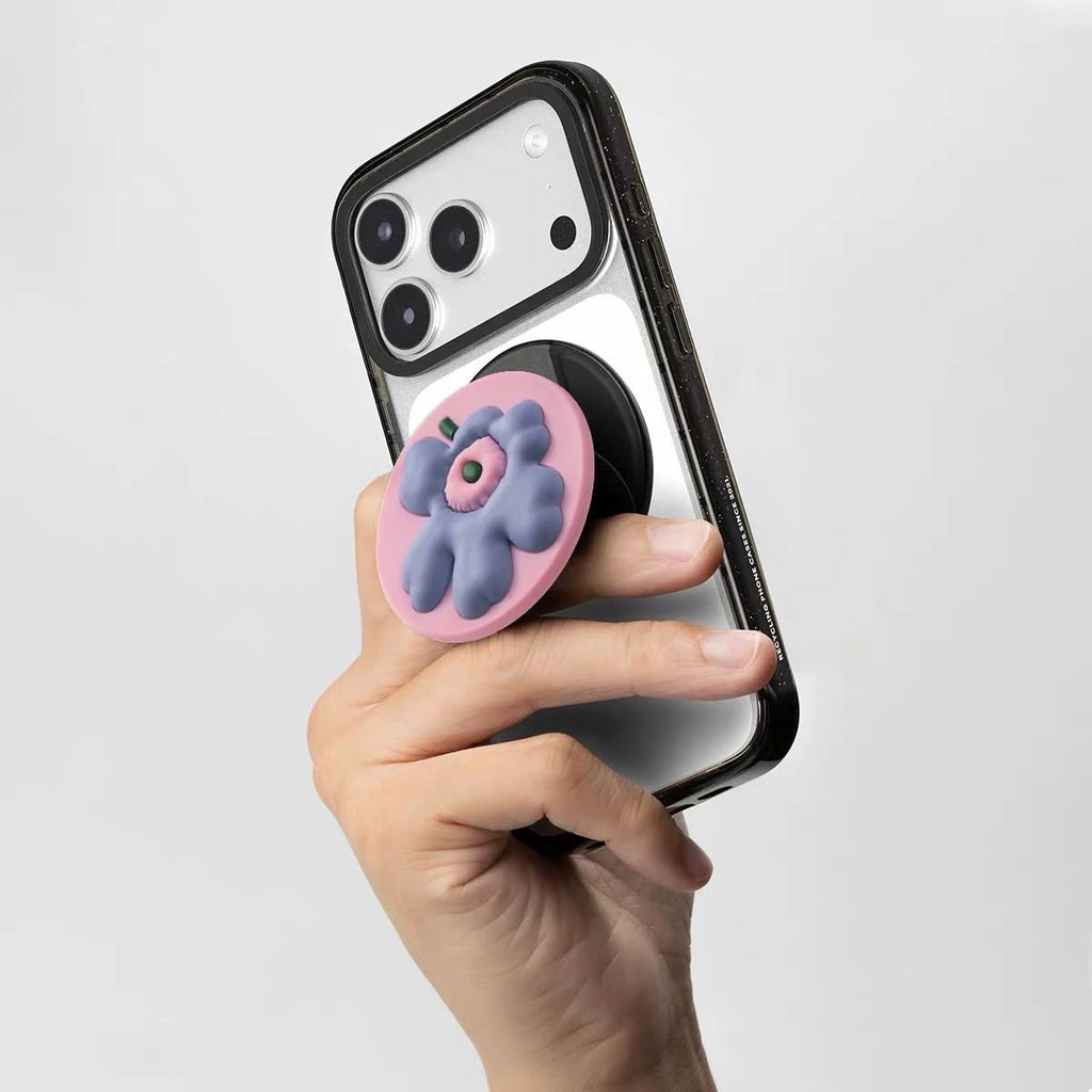 Fresh Silicone 3D Purple Pink Flower Magnetic Folding Phone Stand for IPhone 13 14 15 16 17 Pro Max Case