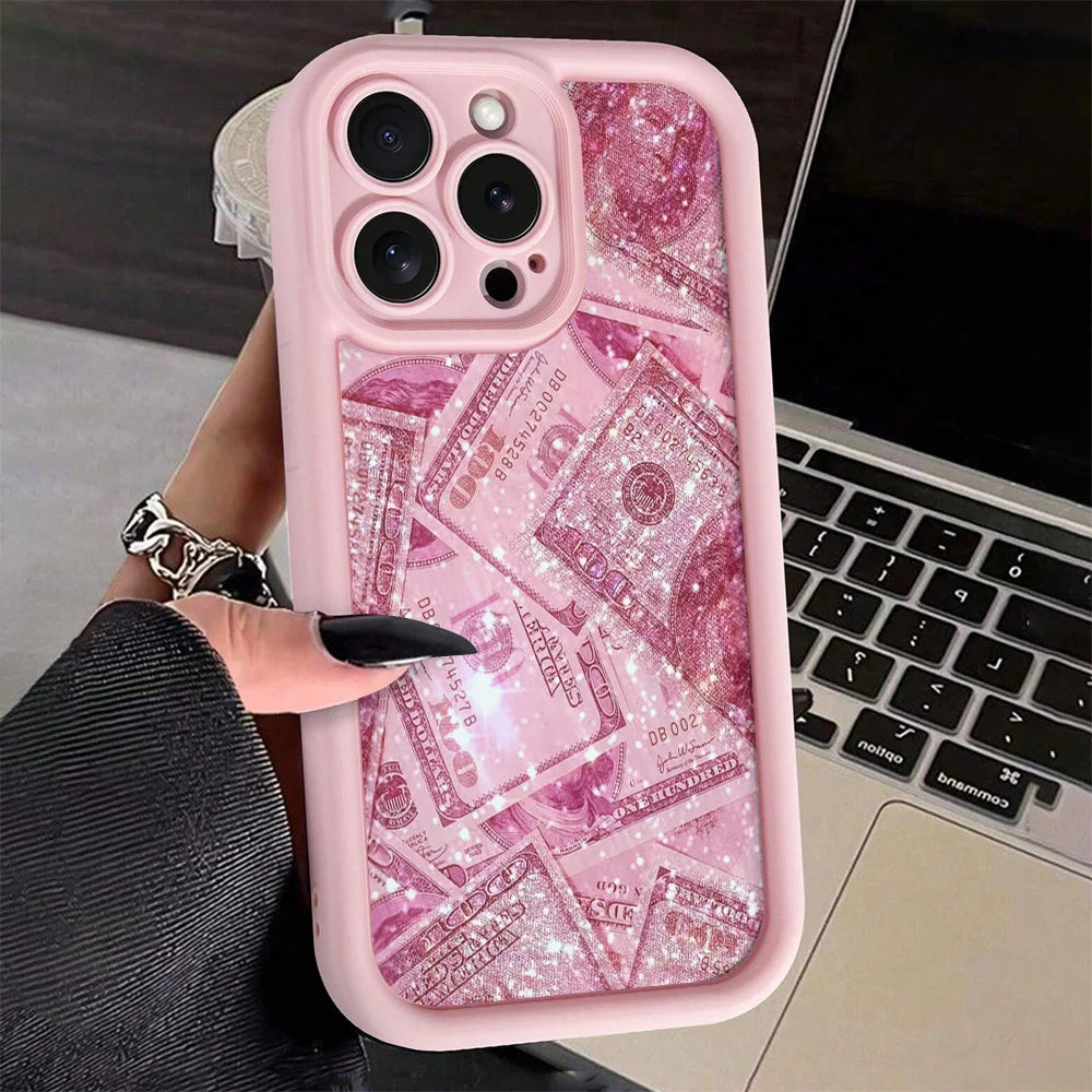 Pink Dollars Full-Coverage Banknote Design Silicone Phone Case For iPhone 17AIR 16 15 14 13 12 11PROMAX Cover