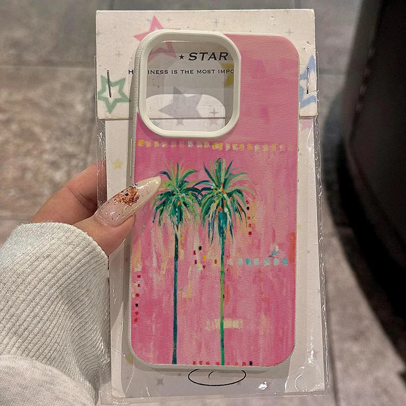 Oil Painting Style Summer Palm Tree Design TPU Phone Case For iPhone 16 15 14 13 12Pro Max Fashion Anti-Drop Case